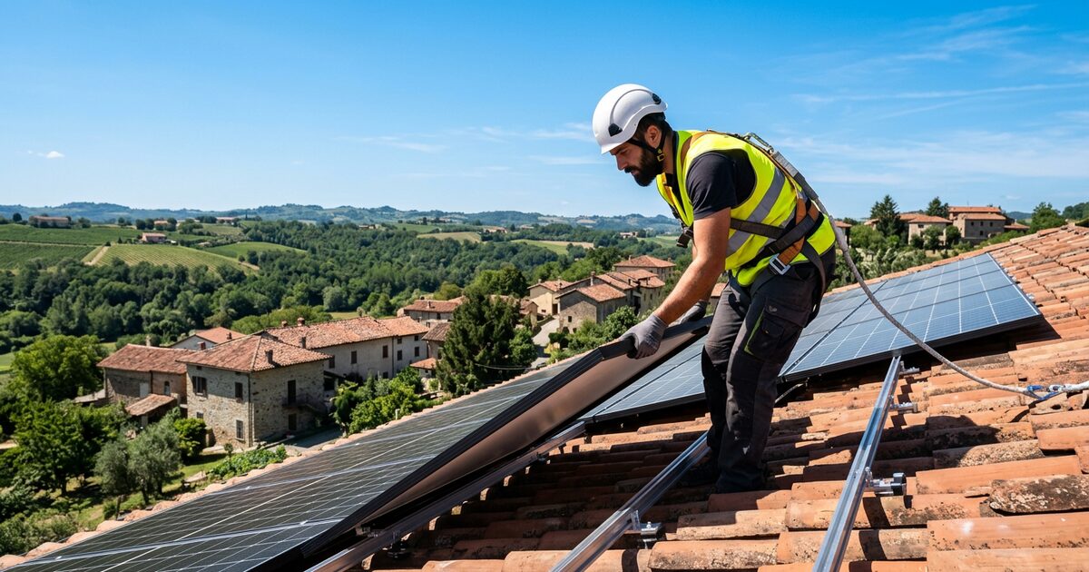 Installatore fotovoltaico con casco e imbracatura che posa un pannello solare sulle guide di un tetto