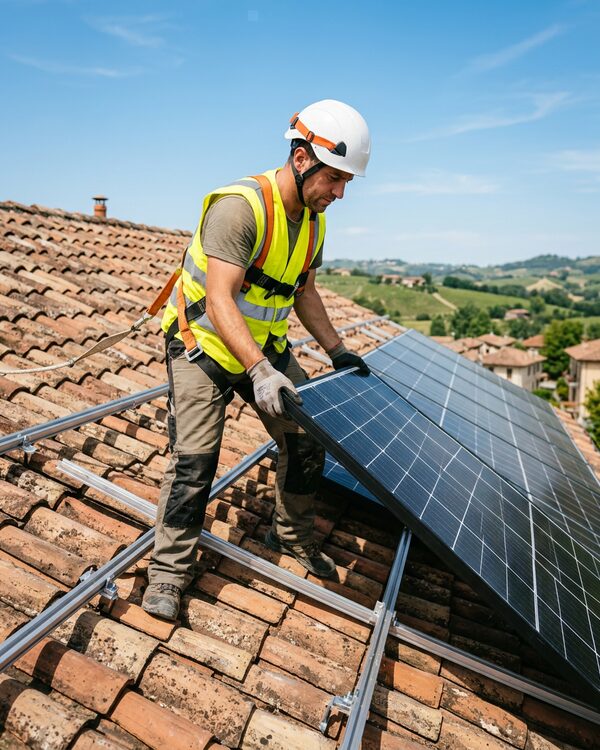 Installatore fotovoltaico con casco e imbracatura che posa un pannello solare sulle guide di un tetto